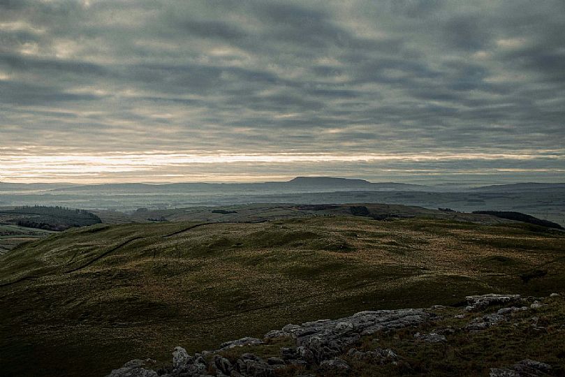 Moorland view with Pendle Hill in the distance