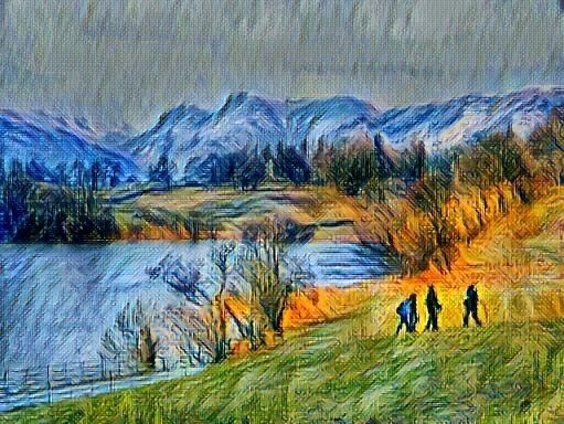 Painting of Loughrigg Tarn with Fells behind and outlines of 3 figures in the foreground
