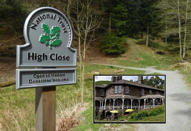 National Trust sign for High Close with inset photo of the building